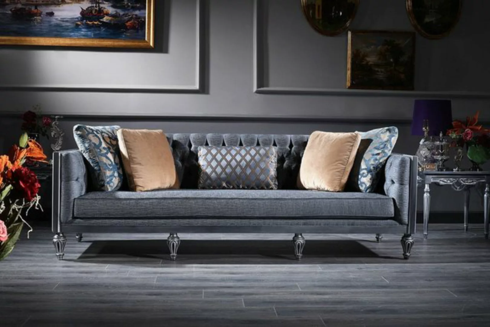 Casa Padrino Chesterfield-Sofa Luxus Barock Chesterfield Sofa Blau / Silber günstig online kaufen