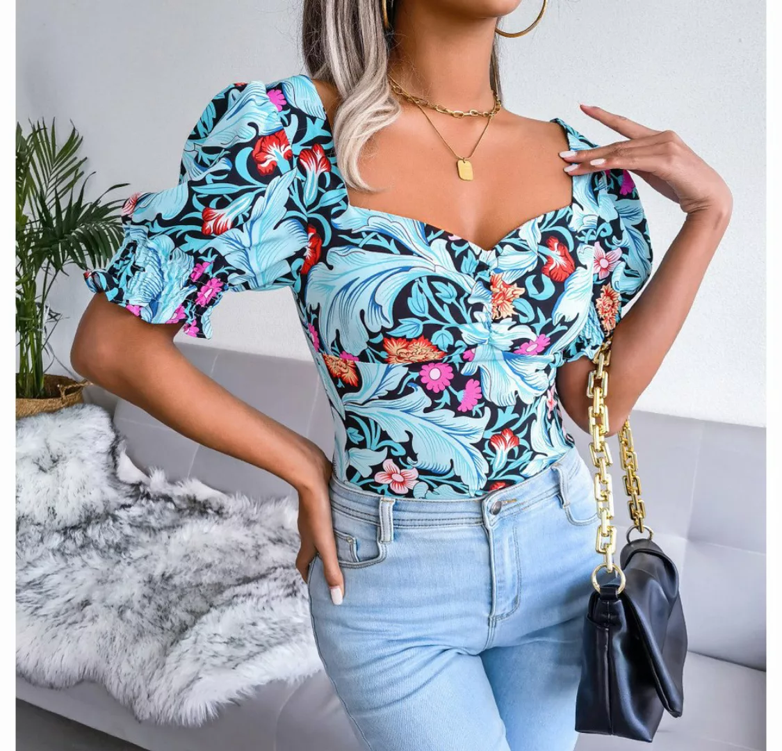 BlauWave Hemdbluse Damen Floral Print Kurzarm Bluse, Sexy Casual Fitted Blu günstig online kaufen
