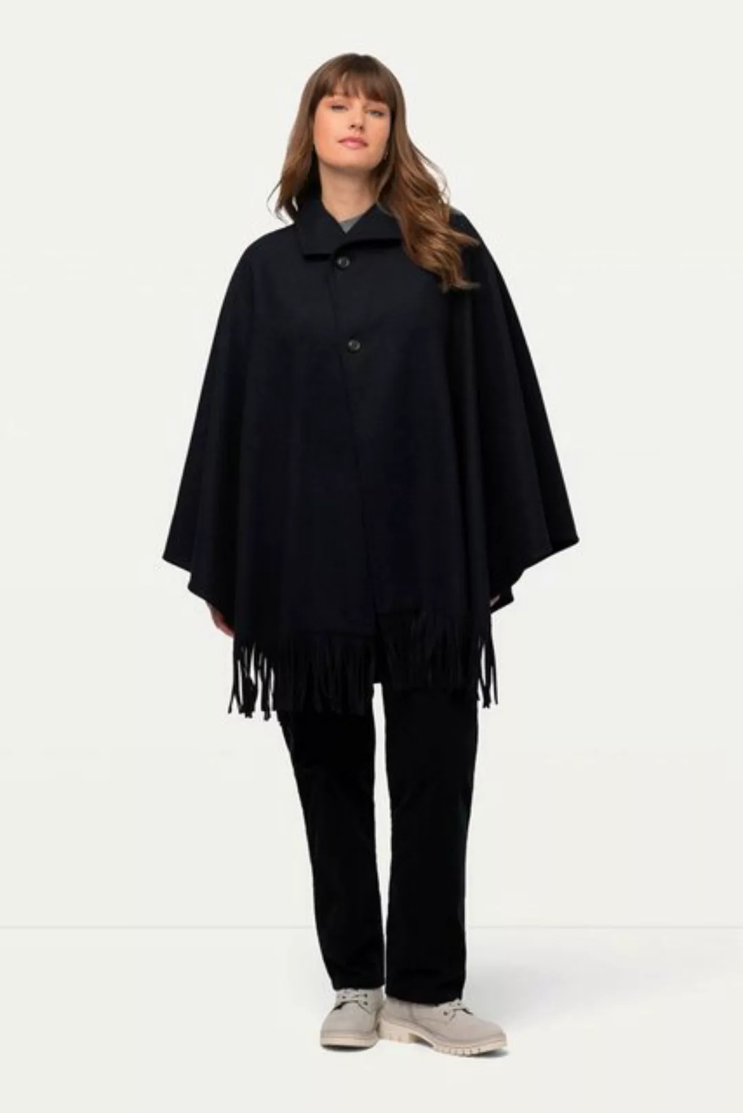 Ulla Popken Kurzjacke Poncho Fransensaum Stehkragen Wollmix günstig online kaufen