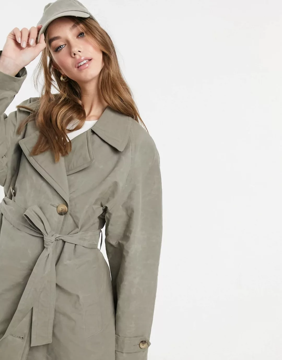 ASOS DESIGN – Trenchcoat in Salbeigrün mit abgesetzten Ziernähten günstig online kaufen