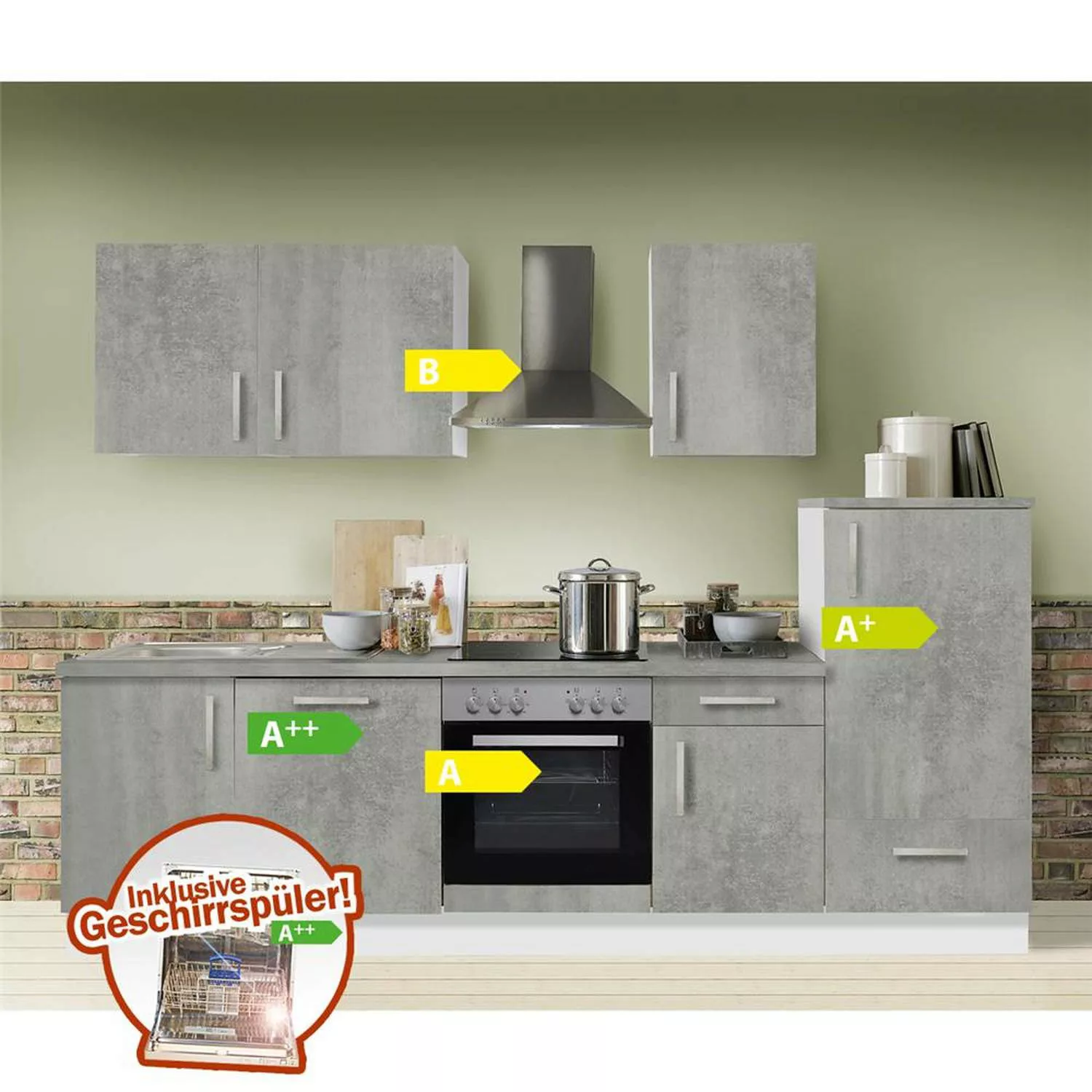 Küche Premium Beton MANCHESTER-87 inklusive E-Geräte & Geschirrspüler 280cm günstig online kaufen