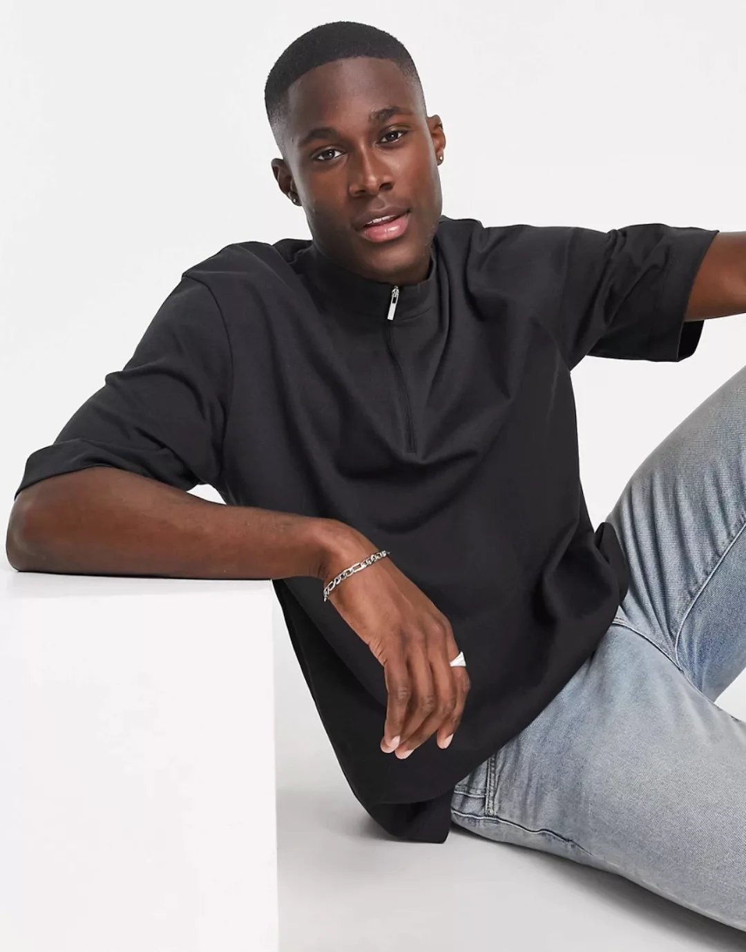 Topman – Oversize-T-Shirt in Schwarz mit Stehkragen und kurzem Reißverschlu günstig online kaufen