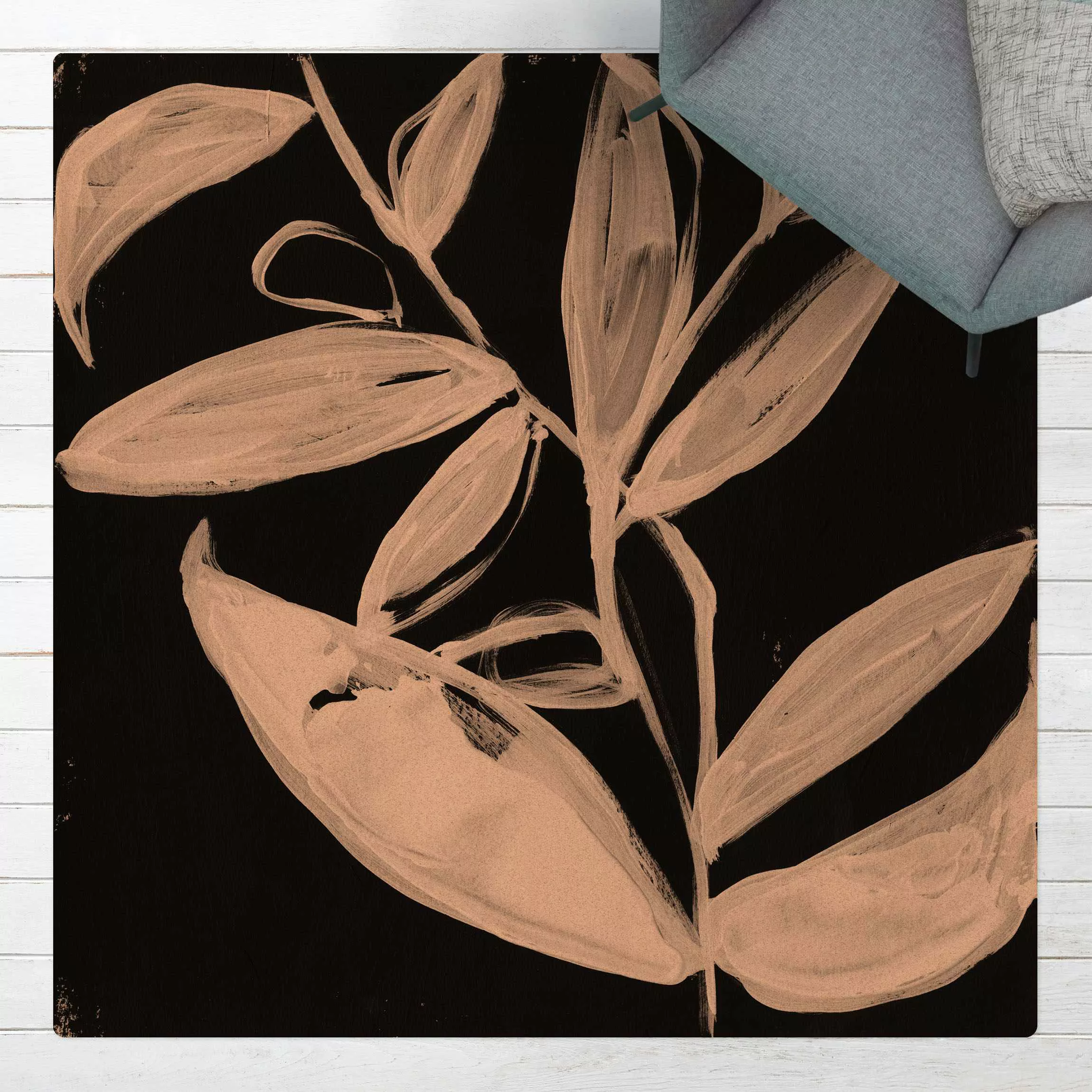 Kork-Teppich Gemalte Blätter auf Schwarz günstig online kaufen