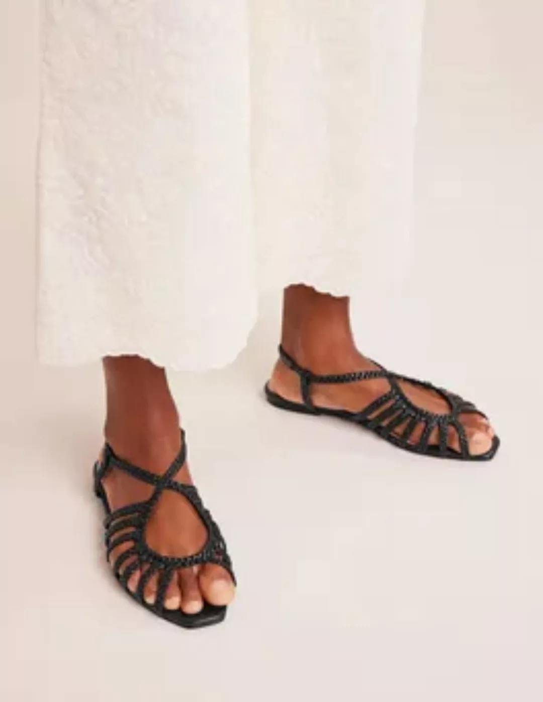 Flache Sandalen mit Webriemchen Damen Boden, Schwarz günstig online kaufen