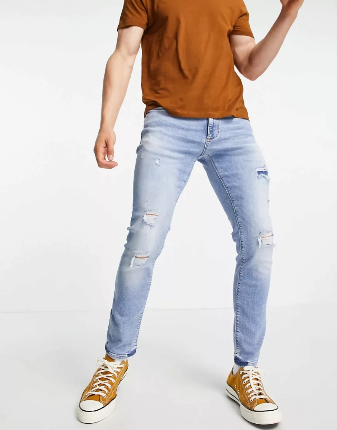 River Island – Enge Jeans mit Zierrissen in Hellblau günstig online kaufen