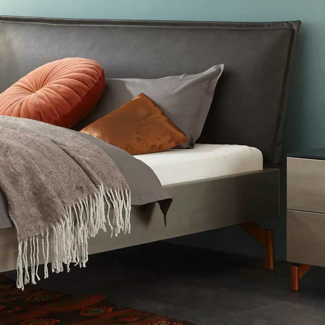 Bett in Silberfarben gepolstertem Kopfteil in Dunkelgrau günstig online kaufen