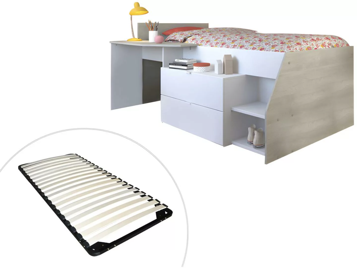 PARISOT Kinderbett mit Schreibtisch & Stauraum + Lattenrost - 90 x 190/200 günstig online kaufen