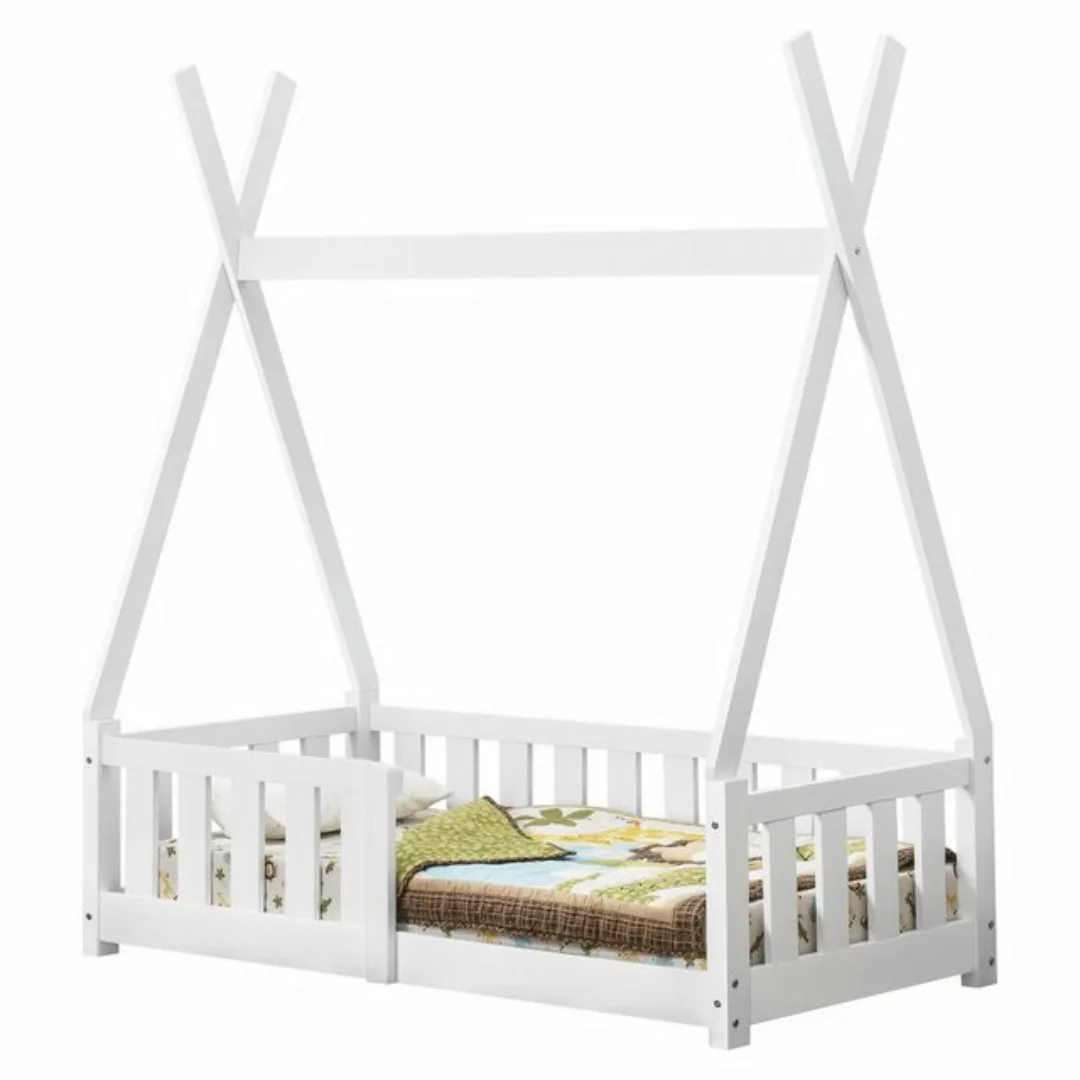 en.casa Kinderbett 70x140cm mit Rausfallschutz Tipi Holz Weiß Hausbett weiß günstig online kaufen