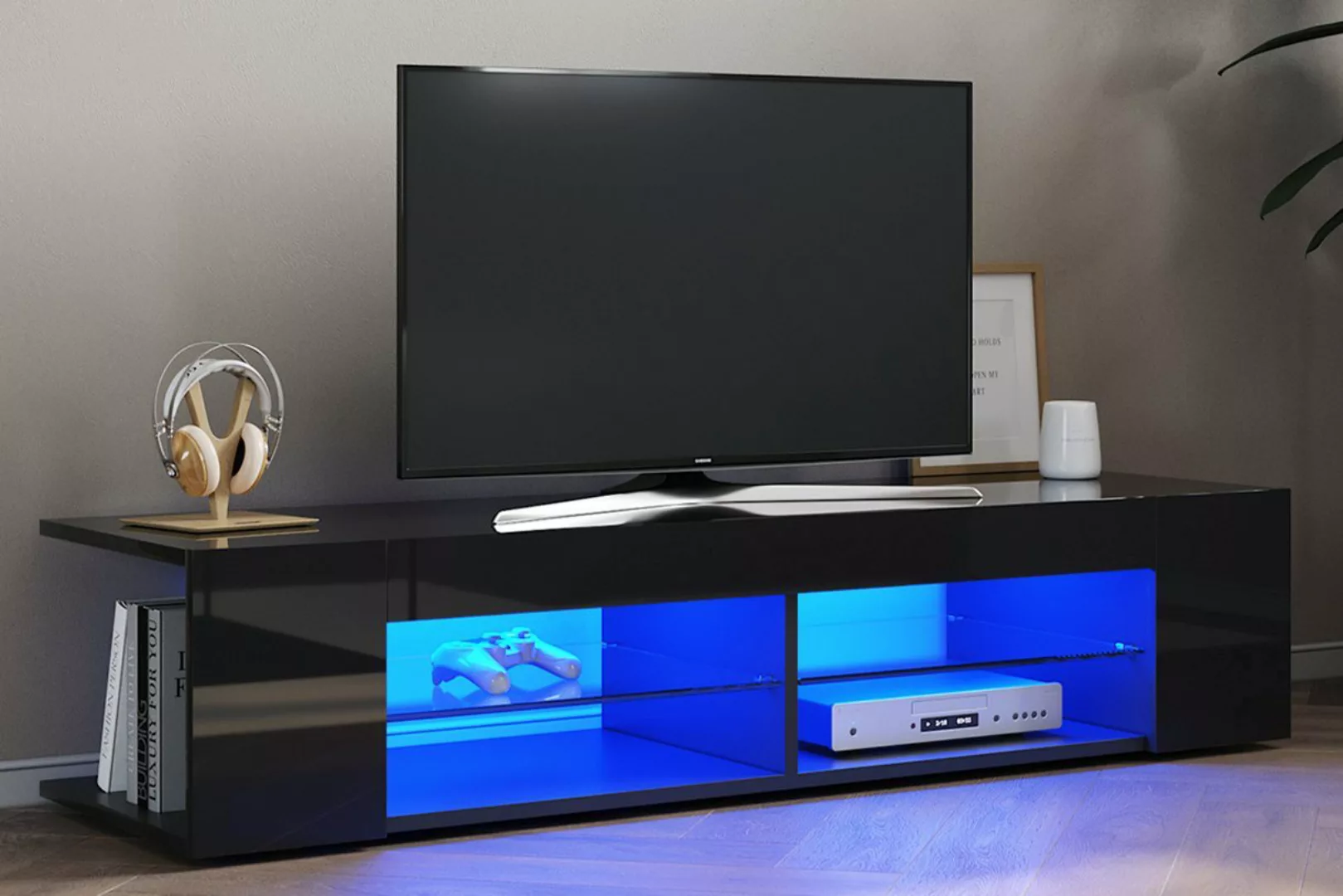 SONNI TV-Schrank TV Lowboard mit LED Beleuchtung Schwarz Hochglanz 135x39x3 günstig online kaufen
