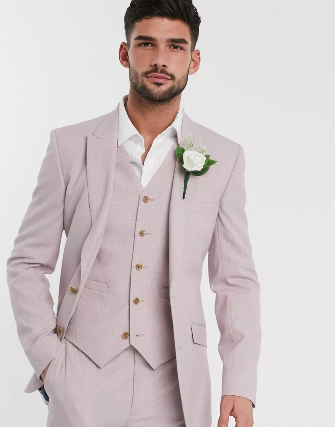 ASOS DESIGN – Wedding – Enge Anzugjacke mit Kreuzschraffur-Muster in Rosé-R günstig online kaufen