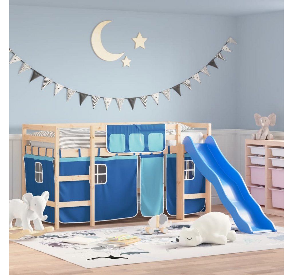 vidaXL Kinderbett Kinderhochbett mit Vorhängen Blau 80x200 cm Massivholz Ki günstig online kaufen