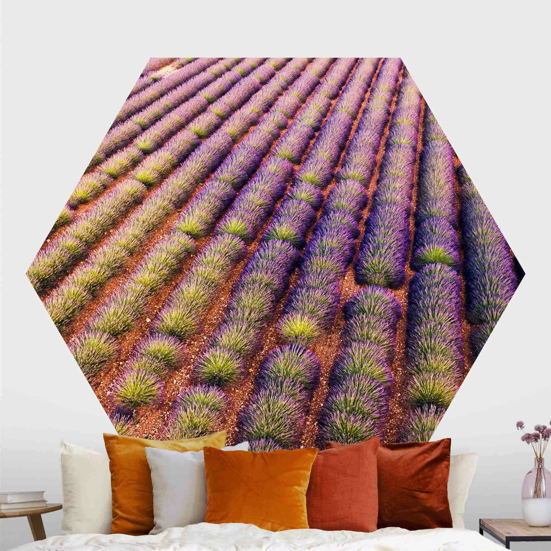 Hexagon Fototapete selbstklebend Malerisches Lavendelfeld günstig online kaufen