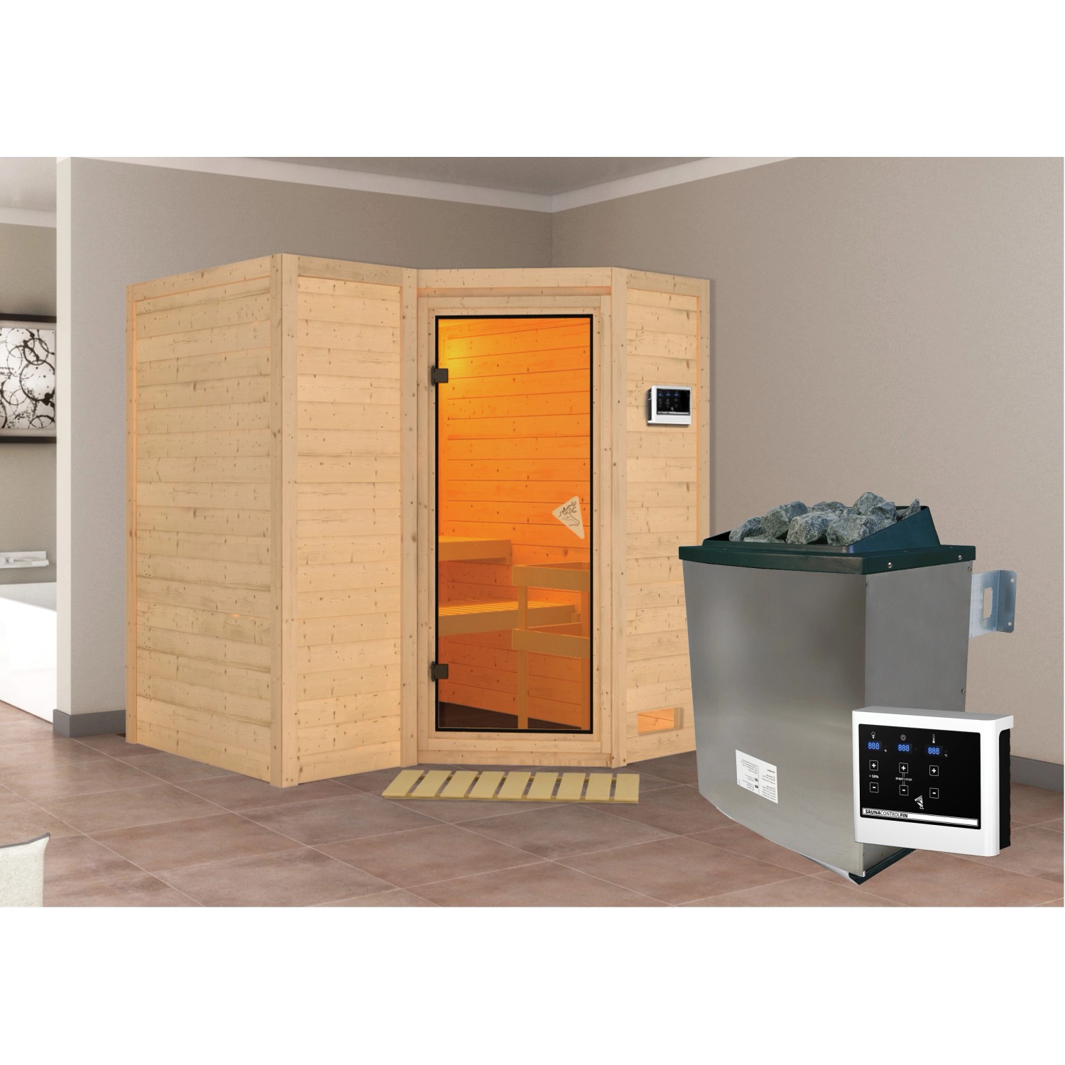 Woodfeeling Sauna-Set Steena 1 inkl. Edelstahl-Ofen 9 kW mit ext. Steuerung günstig online kaufen