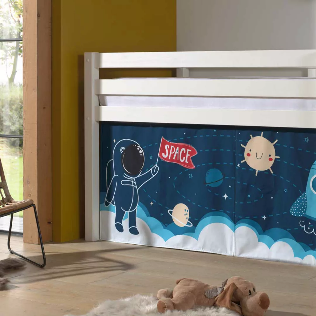 Kinder Hochbett aus Kiefer Massivholz Weiß lackiert mit Weltraum Vorhang günstig online kaufen