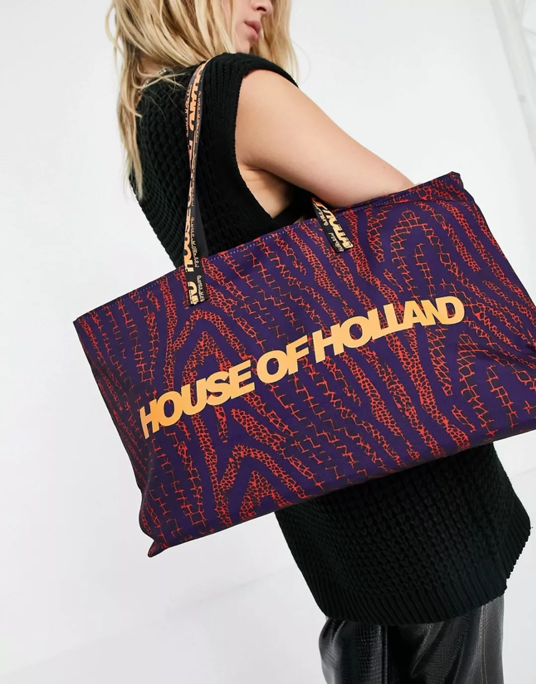 House of Holland – Tragetasche mit großem Logoprint in Navy und Orange-Mehr günstig online kaufen