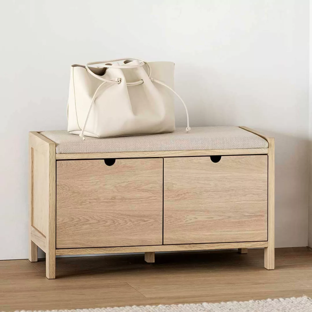 Bank Garderobe zum Sitzen in Holz White Wash und Beige zwei Schubladen günstig online kaufen