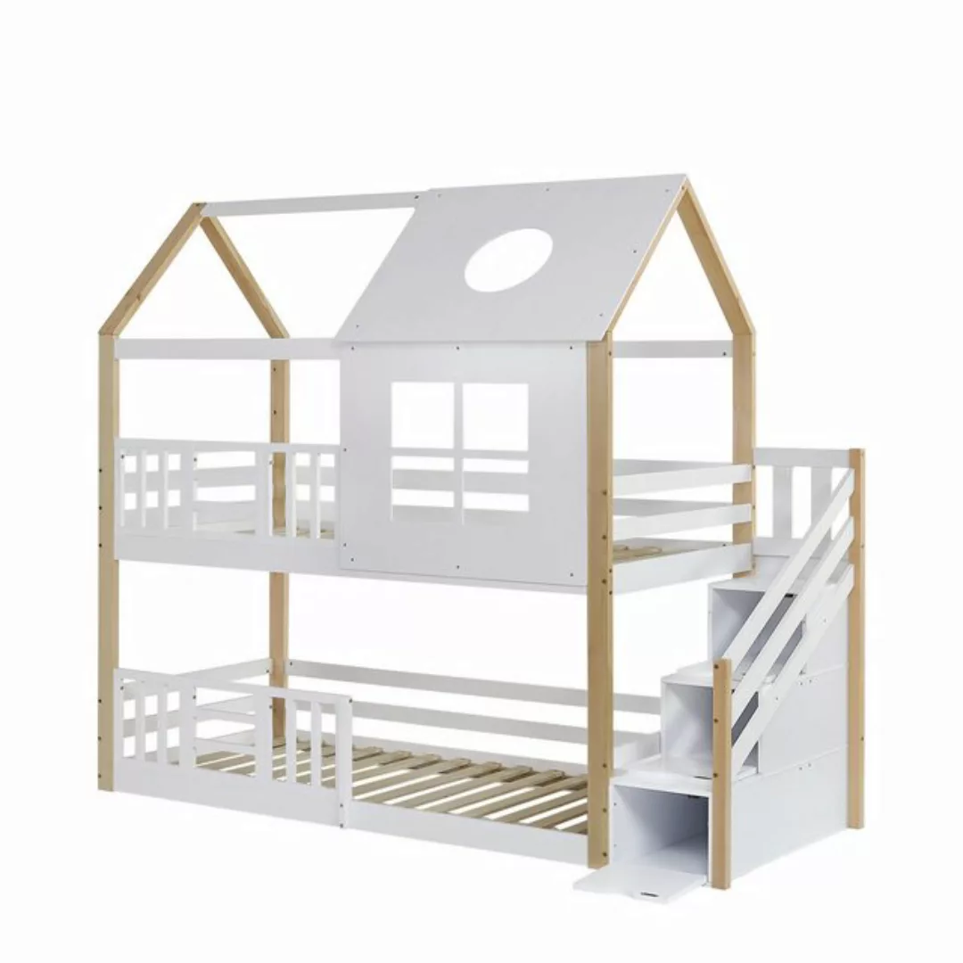 WISHDOR Etagenbett Holzbett mit Fenster und Dach (mit Aufbewahrungstreppe, günstig online kaufen