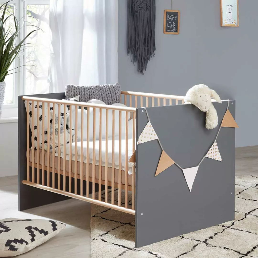 Babybett Grau Skandi mit Buche Massivholz Sprossen höhenverstellbar günstig online kaufen