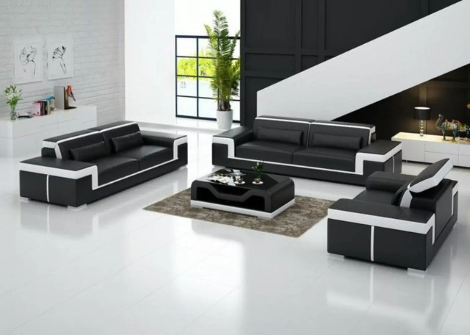 JVmoebel Sofa Schwarz-weiße Sofagarnitur 3+2 Sitzer Leder Sofa Couch Garnit günstig online kaufen