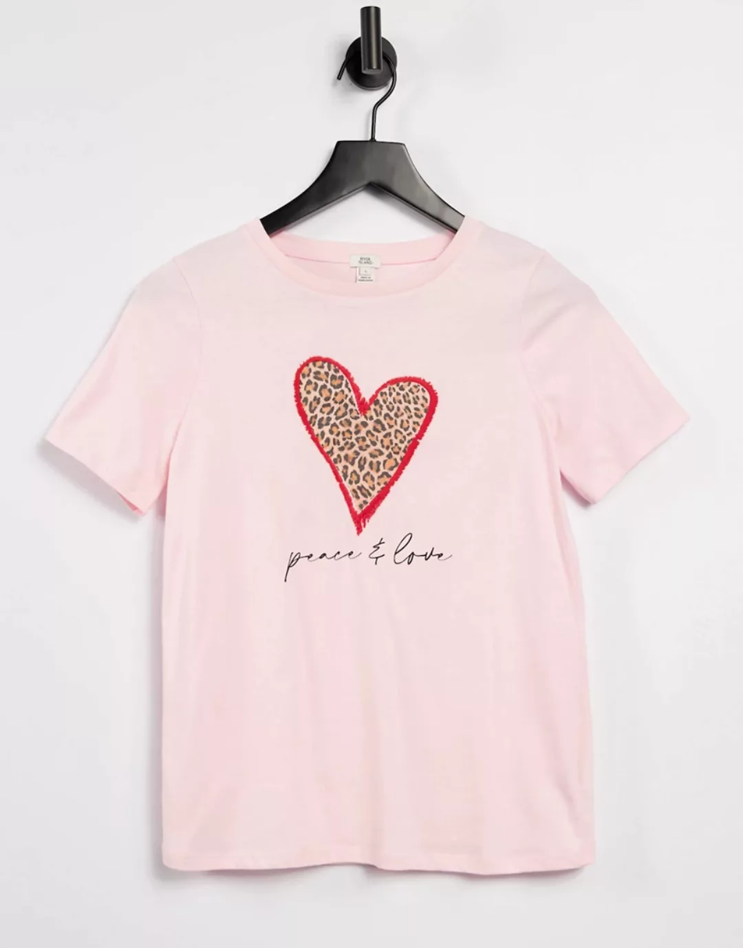 River Island – T-Shirt mit Herz-Grafik mit Leopardenmuster in Rosa günstig online kaufen