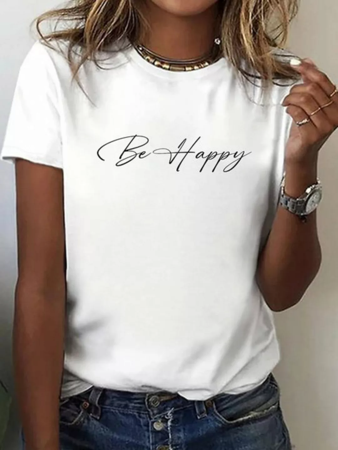 RMK T-Shirt Damen Shirt Top Sommer Basic Be Happy Glücklich aus Baumwolle günstig online kaufen