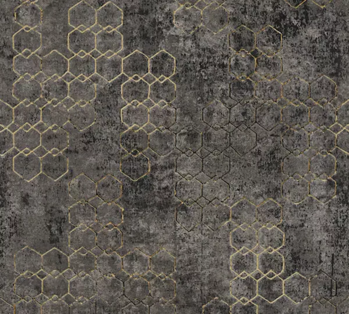 Bricoflor Industrial Vliestapete in Schwarz Gold Metallic Tapete mit Hexago günstig online kaufen