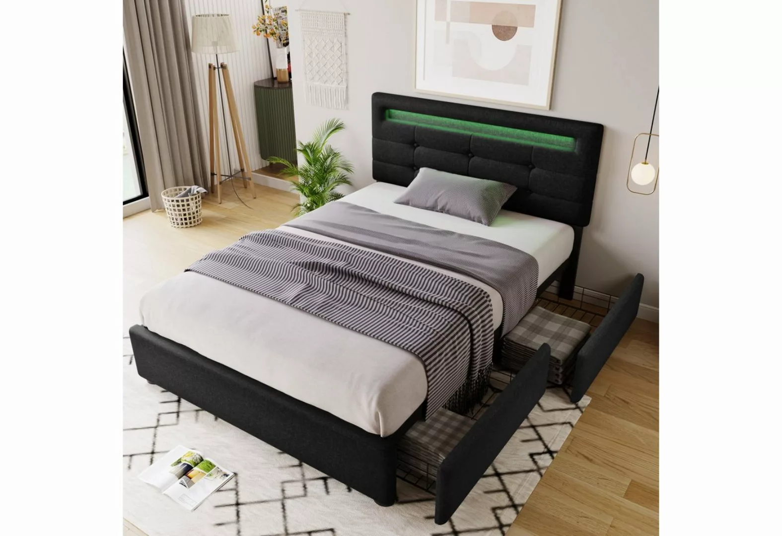 WISHDOR Polsterbett Doppelbett mit Schubladen LED Leuchte (ohne Matratze, B günstig online kaufen