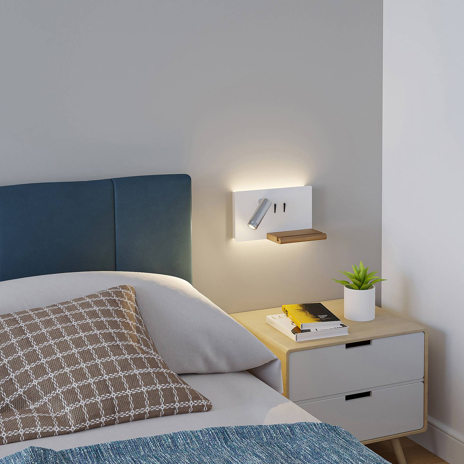 Lucande LED-Wandlampe Kimo, weiß/nickel, Alu, USB, Ablage günstig online kaufen