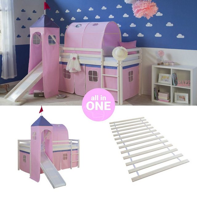 Homestyle4u Hochbett Kinderbett mit Leiter und Vorhang Weiß Rosa Holz Trepp günstig online kaufen