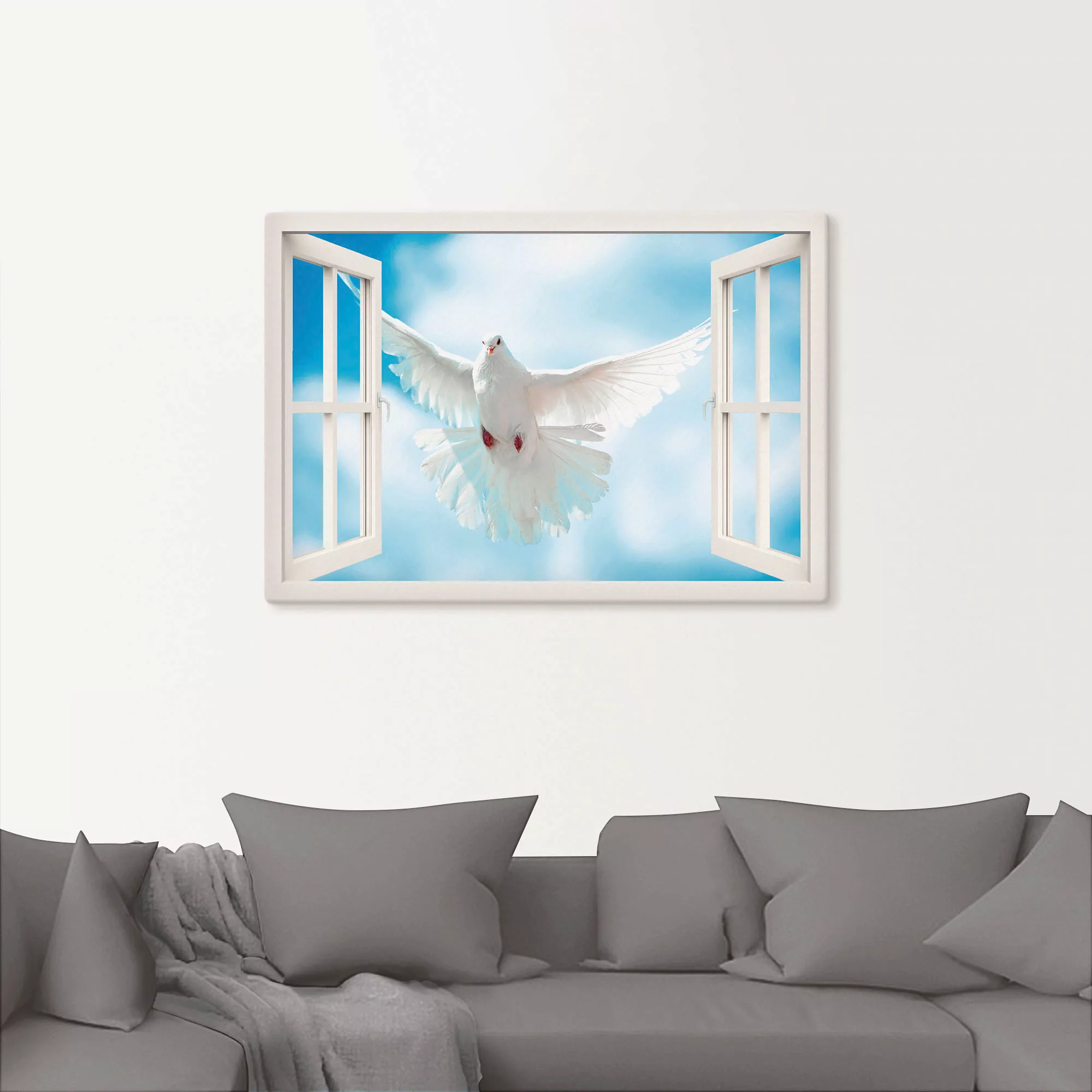Artland Wandbild "Fensterblick Taube vor der Sonne", Vögel, (1 St.), als Le günstig online kaufen