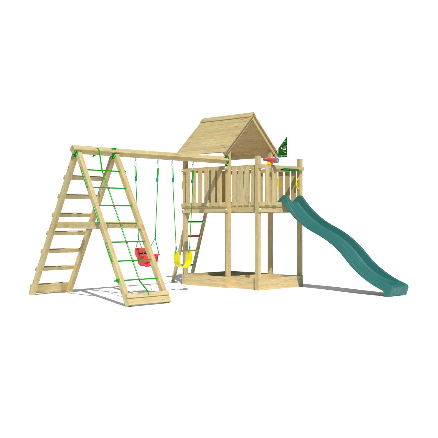 Jungle Gym Spiel Canopy Holz Doppelschaukel Kletterbock Rutsche Dunkelgrün günstig online kaufen