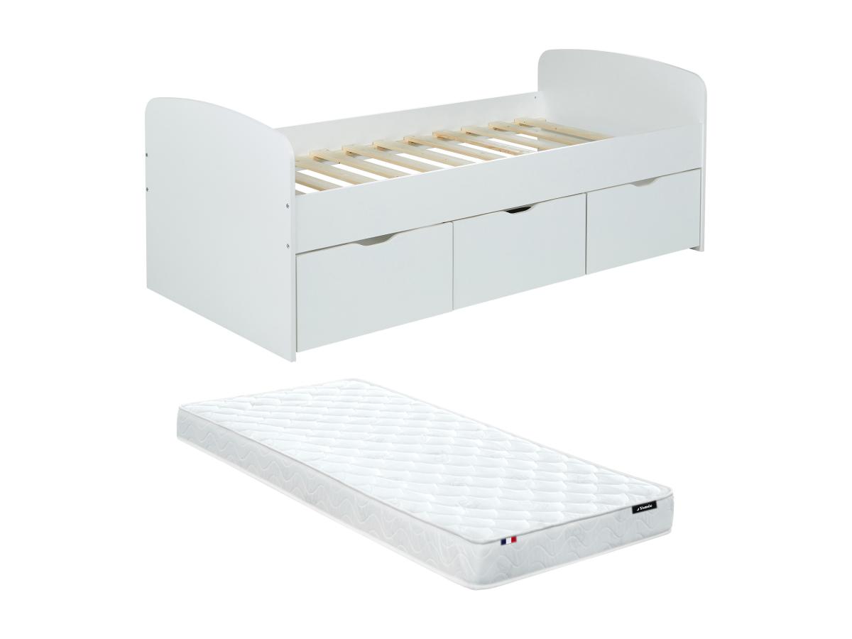 Bett mit 2 Schubladen & 1 Bettkasten + Matratze - 90 x 190 cm - Weiß - LOUA günstig online kaufen