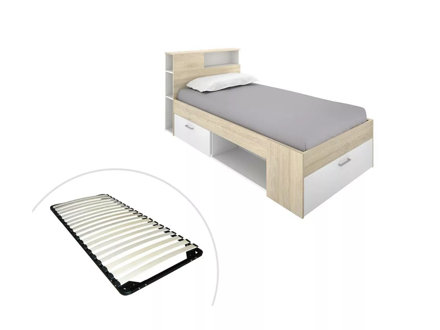 Bett mit Kopfteil, Stauraum & Schublade - 90 x 190 cm + Lattenrost - Weiß u günstig online kaufen