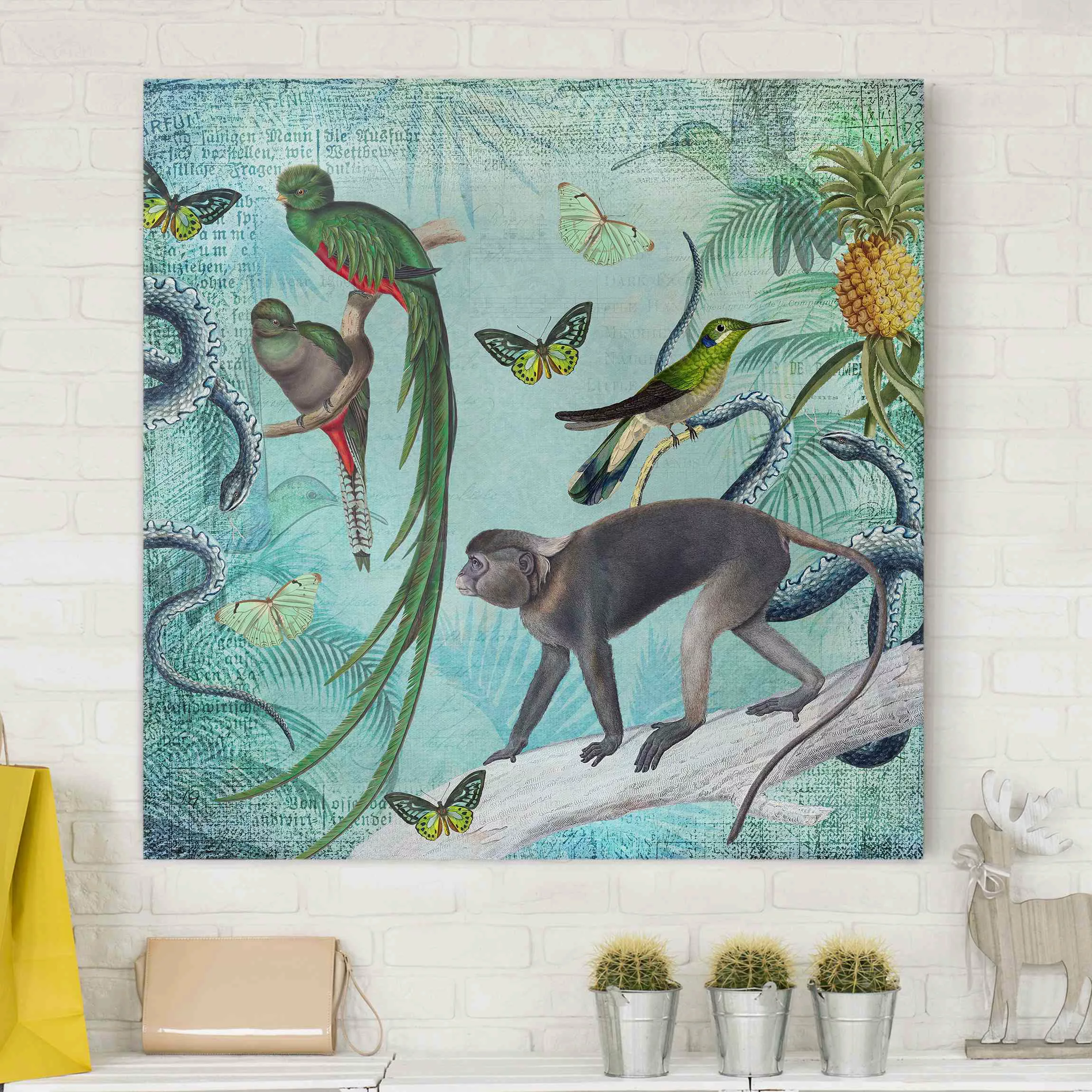 Leinwandbild Colonial Style Collage - Äffchen und Paradiesvögel günstig online kaufen