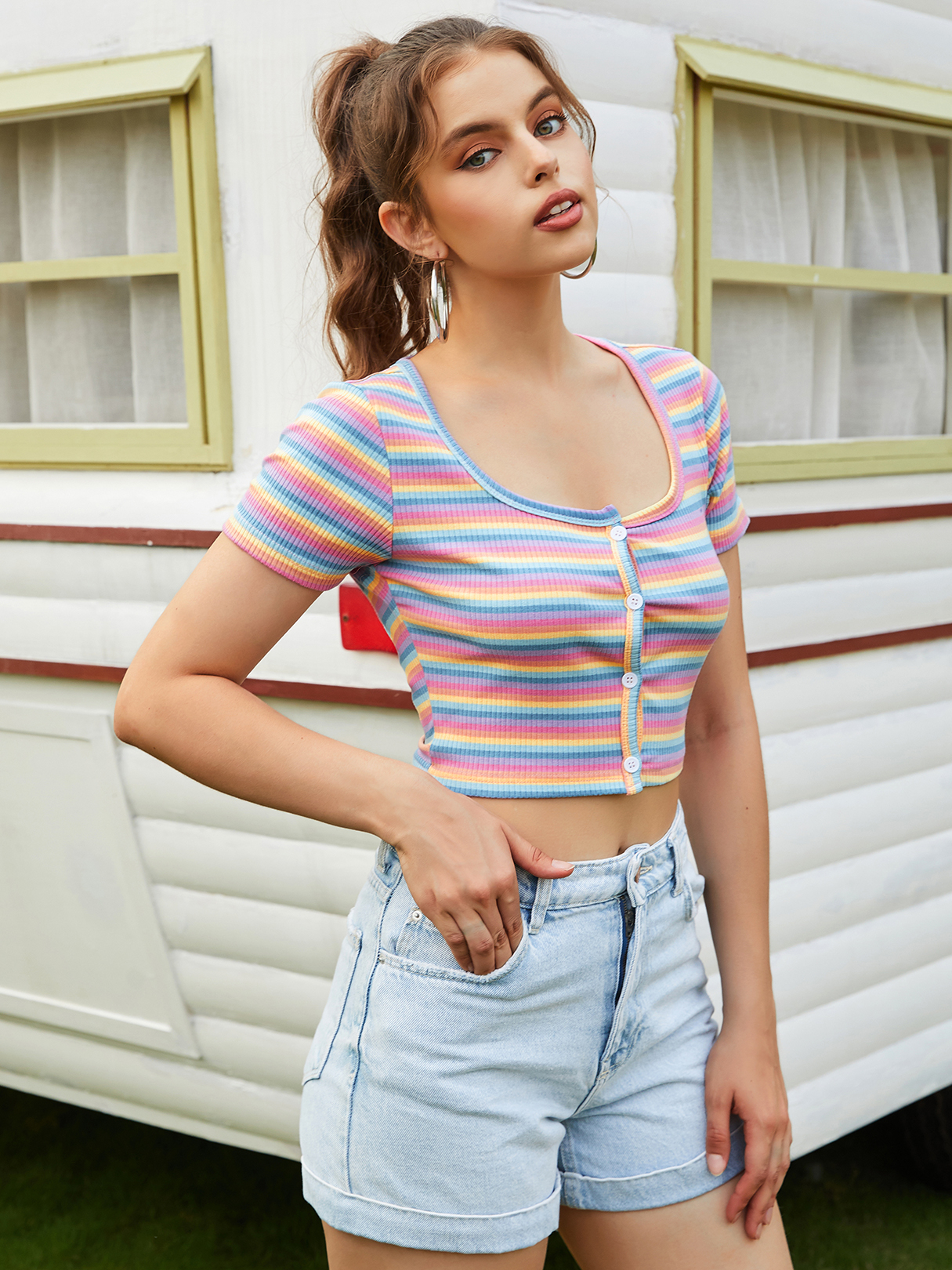 YOINS Multicolor Striped Round Neck Kurzarm T-Shirt günstig online kaufen