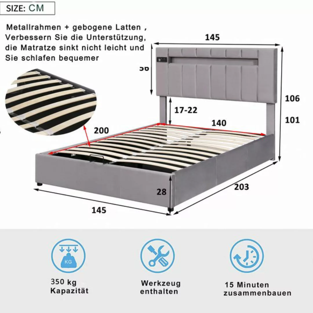 Ulife Polsterbett Jugendbett mit LED-Lichtleiste, Bluetooth-Player und USB- günstig online kaufen