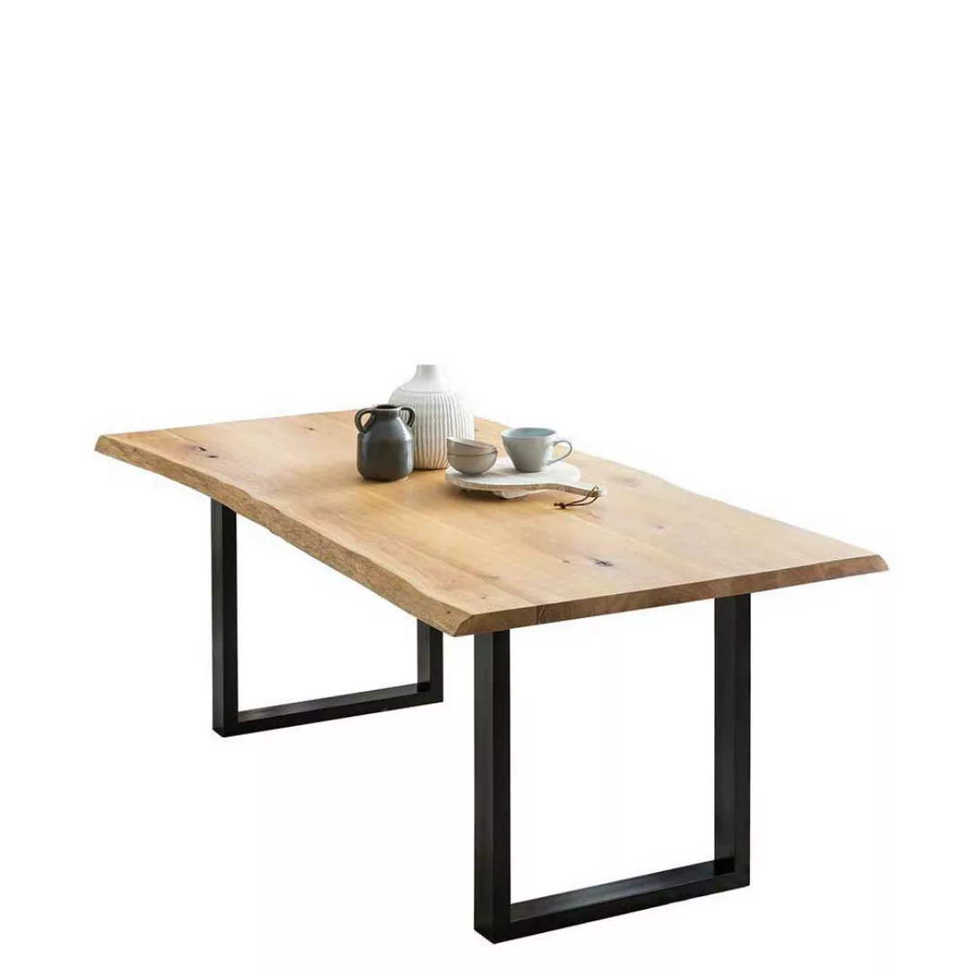 Esszimmergruppe mit Baumkanten Tisch Polsterstühlen in Grau (fünfteilig) günstig online kaufen