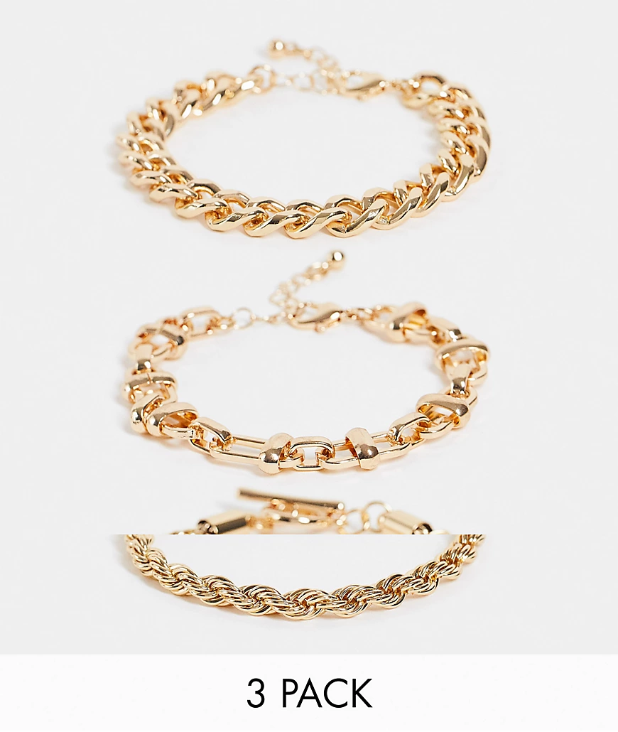 ASOS DESIGN – 3-Pack Kettenarmbändern in Gold und verschiedenen Designs-Gol günstig online kaufen