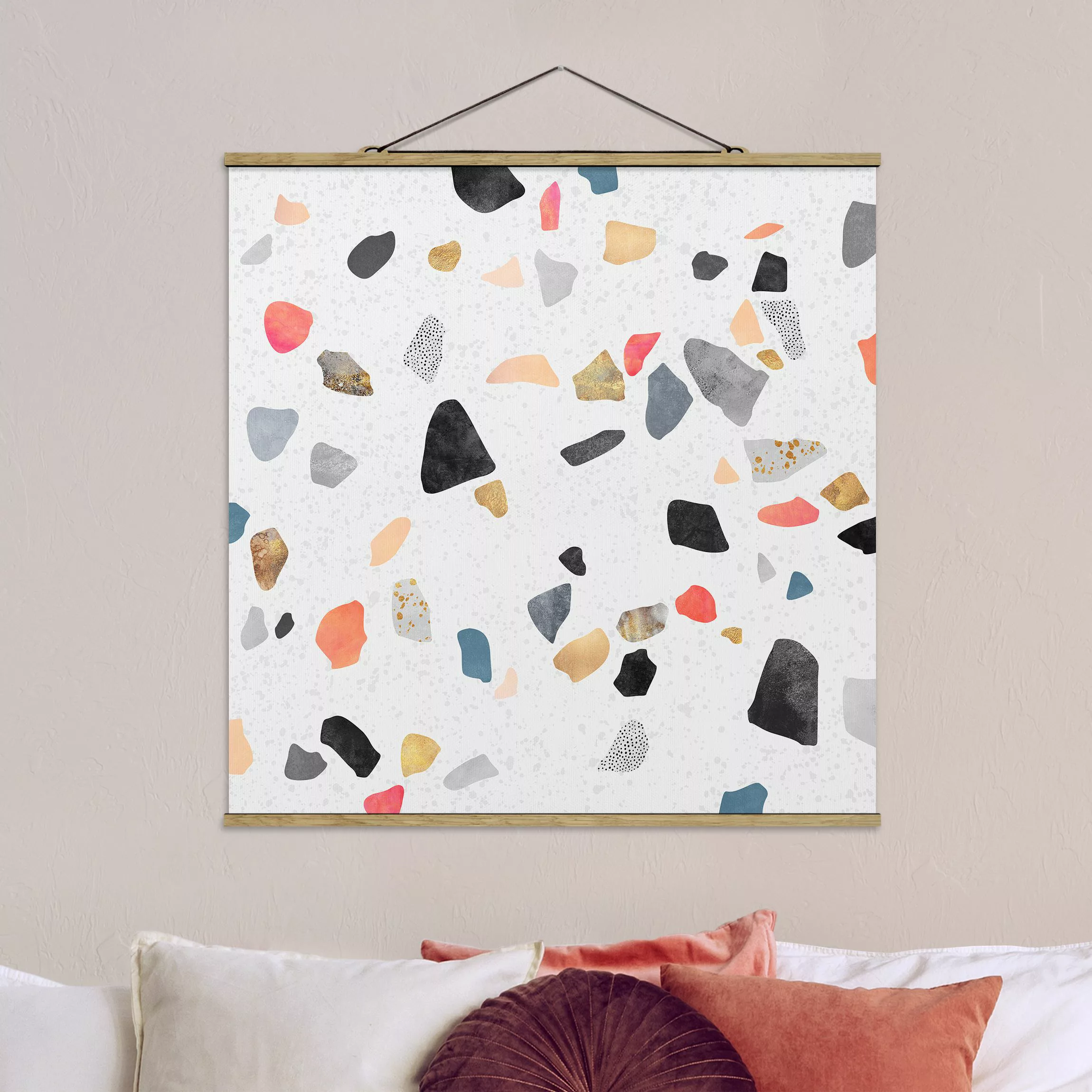 Stoffbild Abstrakt mit Posterleisten - Quadrat Weißer Terrazzo mit Goldstei günstig online kaufen