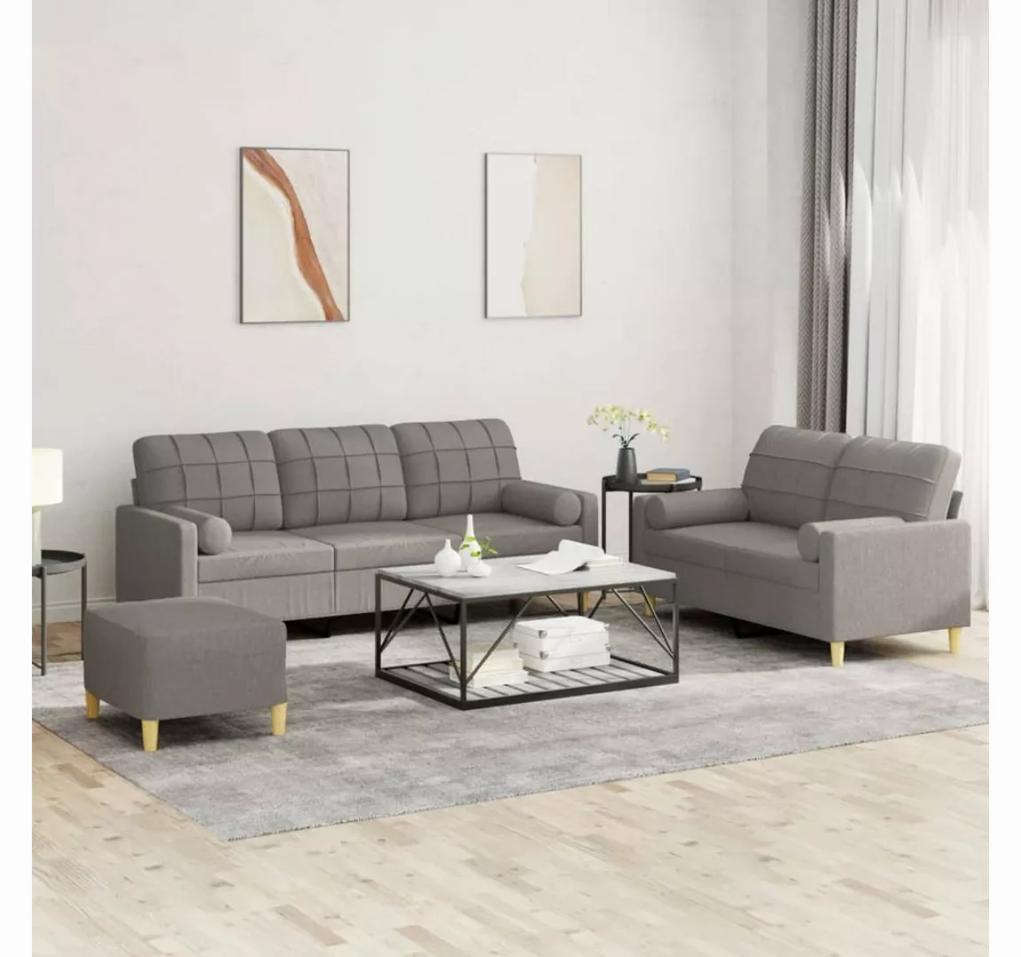 vidaXL Sofa Sofagarnitur mit Kissen Stoff, mit Zierkissen + Fußhocker, Taup günstig online kaufen