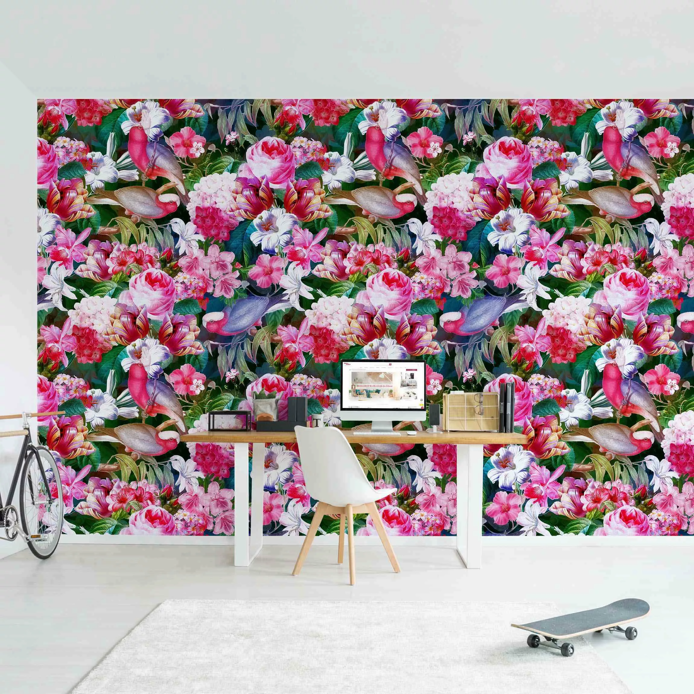 Mustertapete Bunte Tropische Blumen mit Vögeln Pink günstig online kaufen