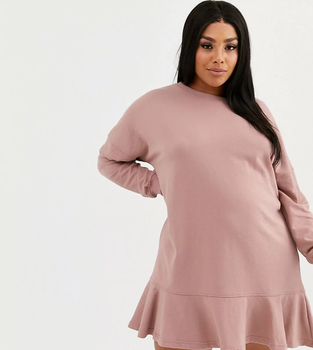 Missguided Plus – Rosa Sweatshirtkleid mit gerüschtem Saum-Mehrfarbig günstig online kaufen