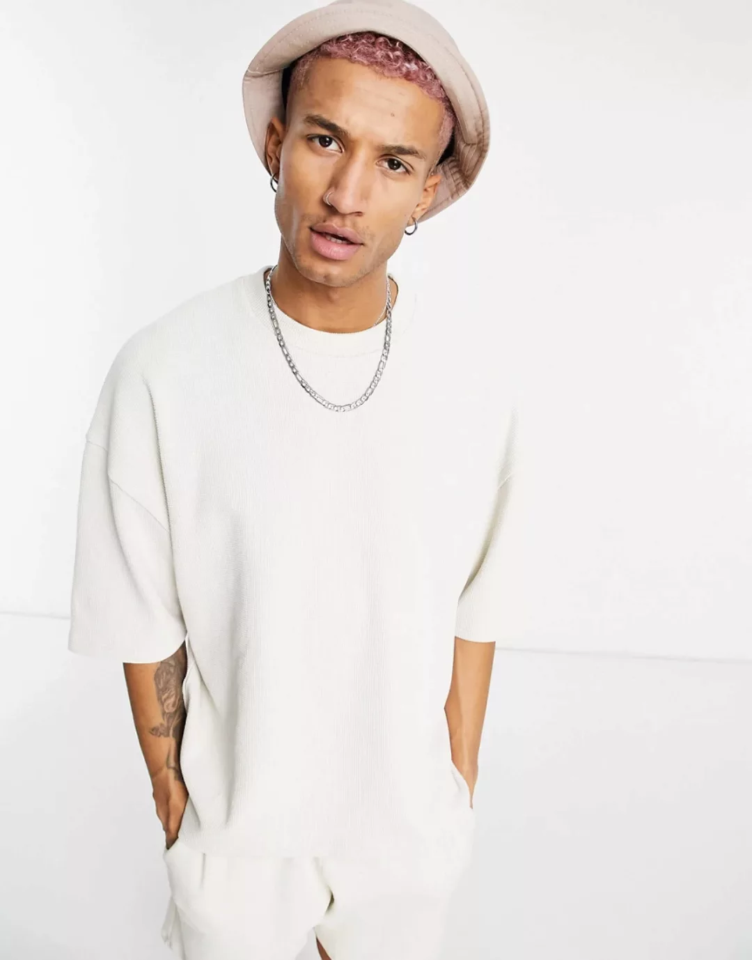 ASOS DESIGN – Schweres Oversize-T-Shirt in Beige mit Waffelmuster, Kombitei günstig online kaufen