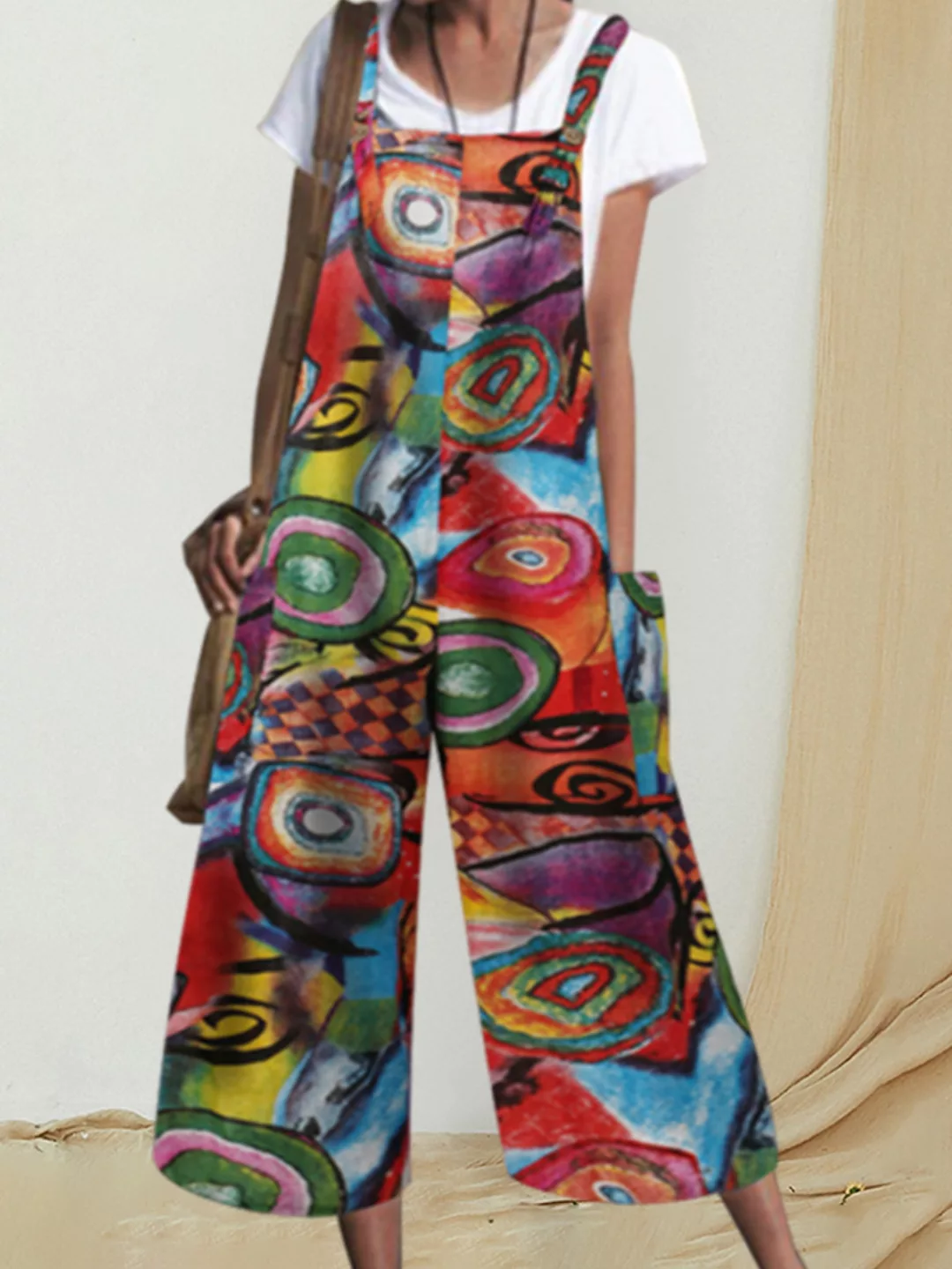 Bohemian Printed Buttons Seitentaschenriemen Ärmellose Overalls für Damen günstig online kaufen