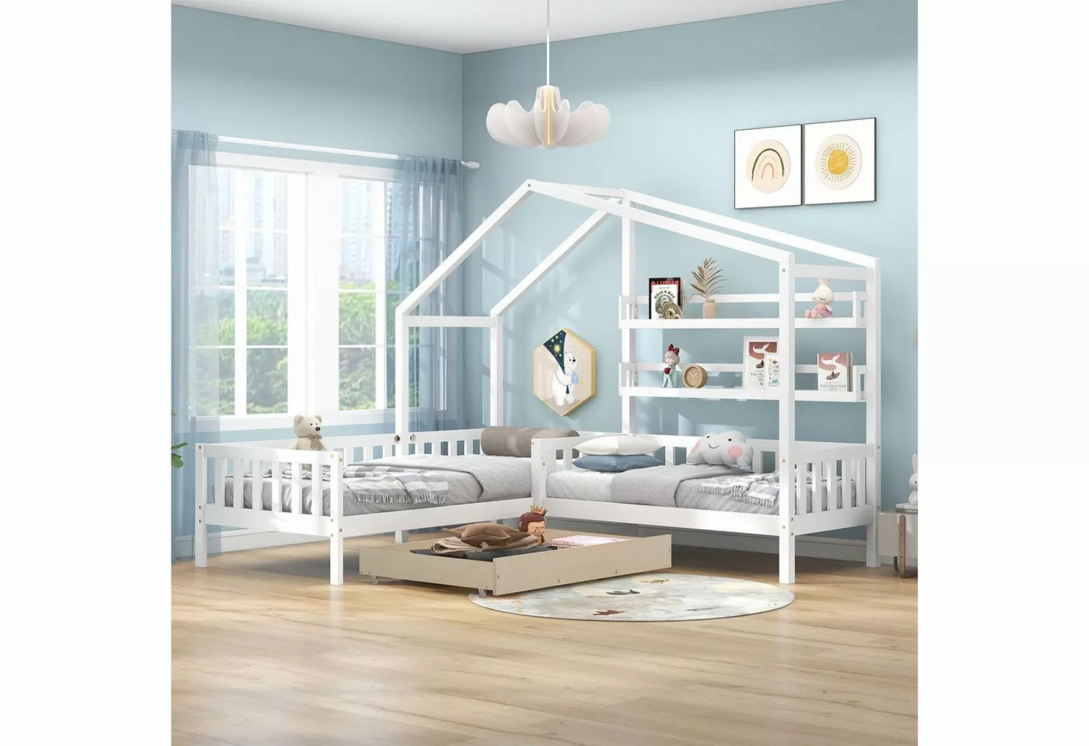 REDOM Bett Hausbett, Kinderbett 90x200 cm (mit Zaun und Lattenrost, L-Struk günstig online kaufen