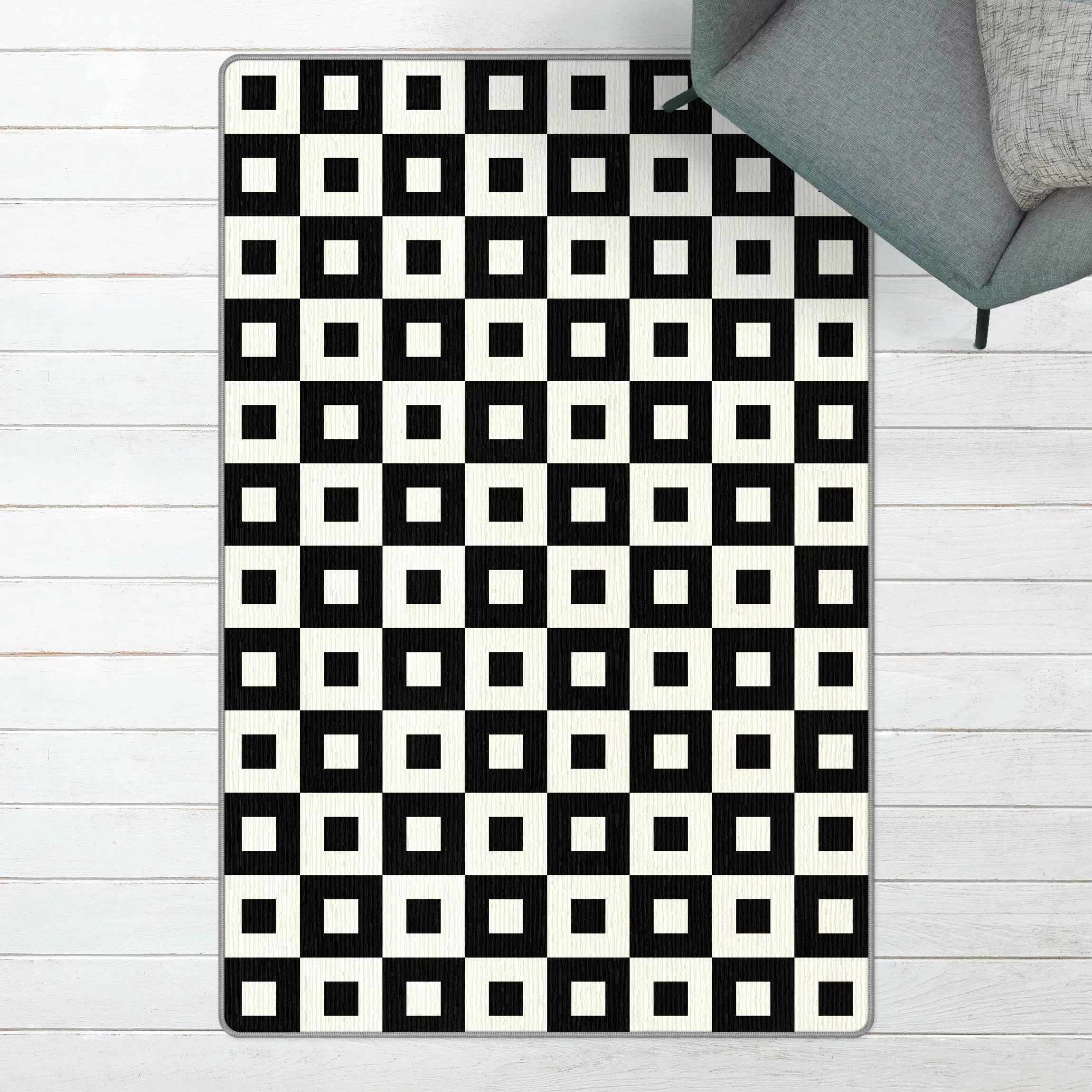 Teppich Geometrisches Muster aus Schwarz Weißen Quadraten günstig online kaufen