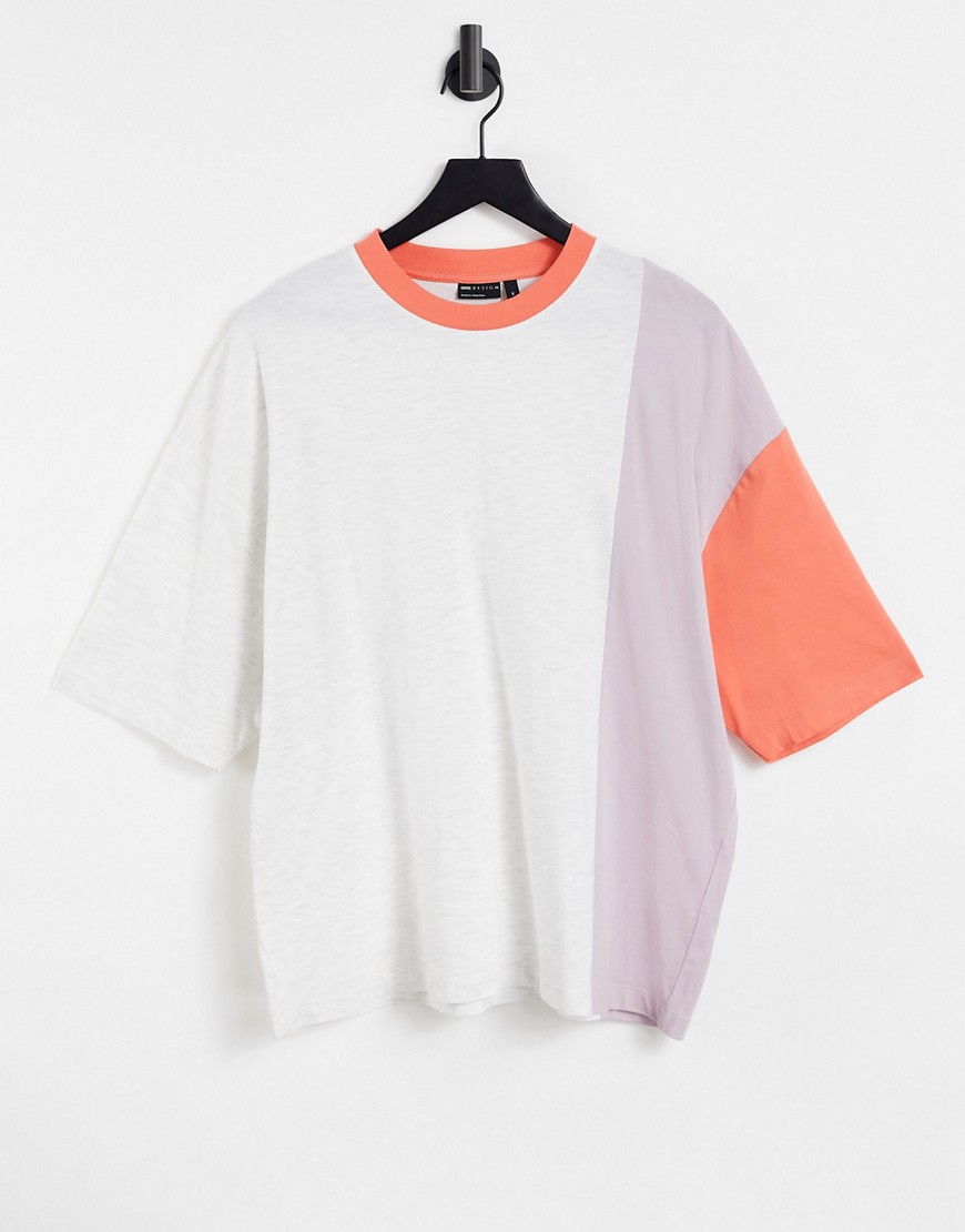 ASOS DESIGN – Oversize T-Shirt in Kalkgrau mit Blockfarbendesign-Mehrfarbig günstig online kaufen