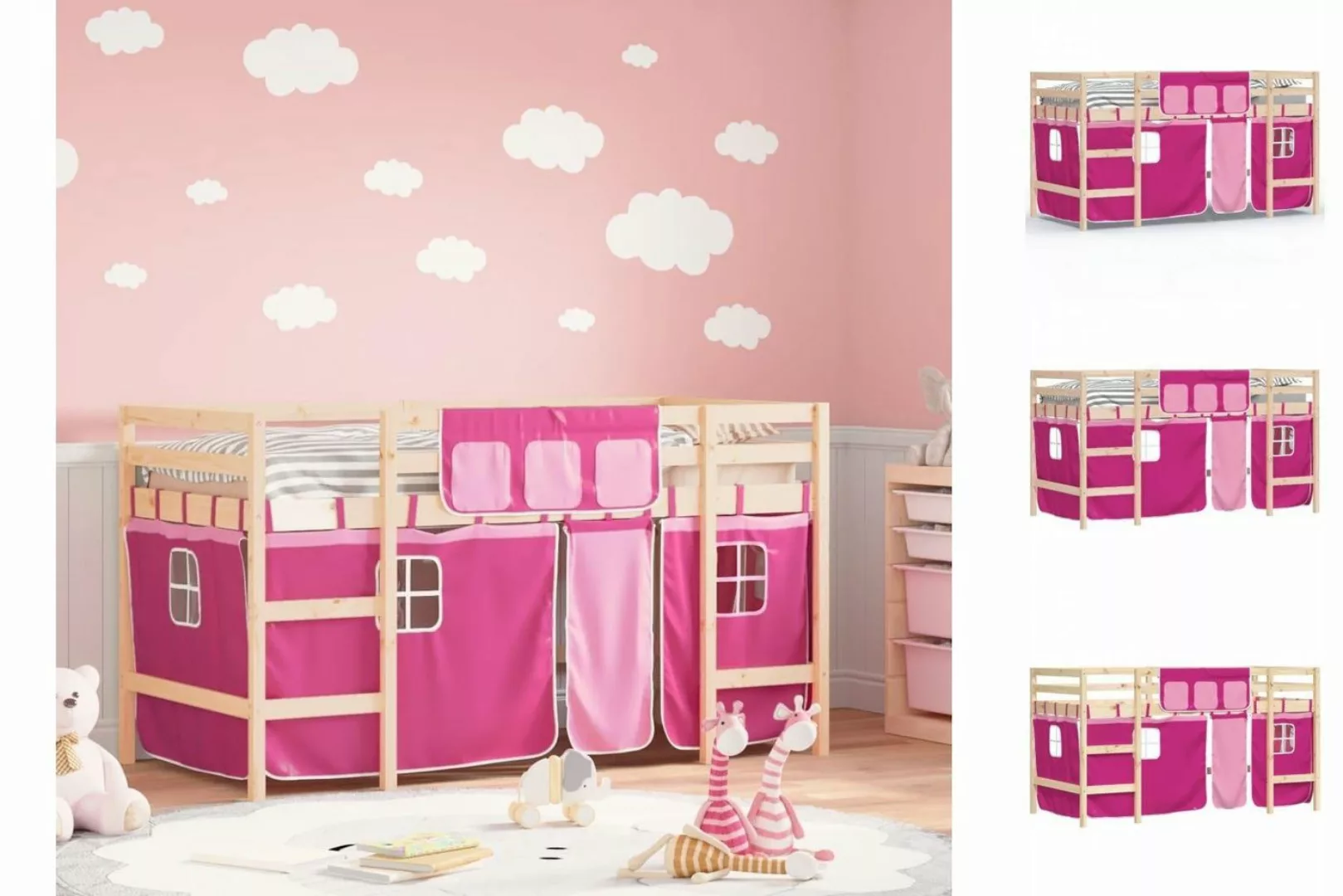 vidaXL Kinderbett Kinderhochbett mit Vorhängen Rosa 90x200 cm Massivholz Ki günstig online kaufen