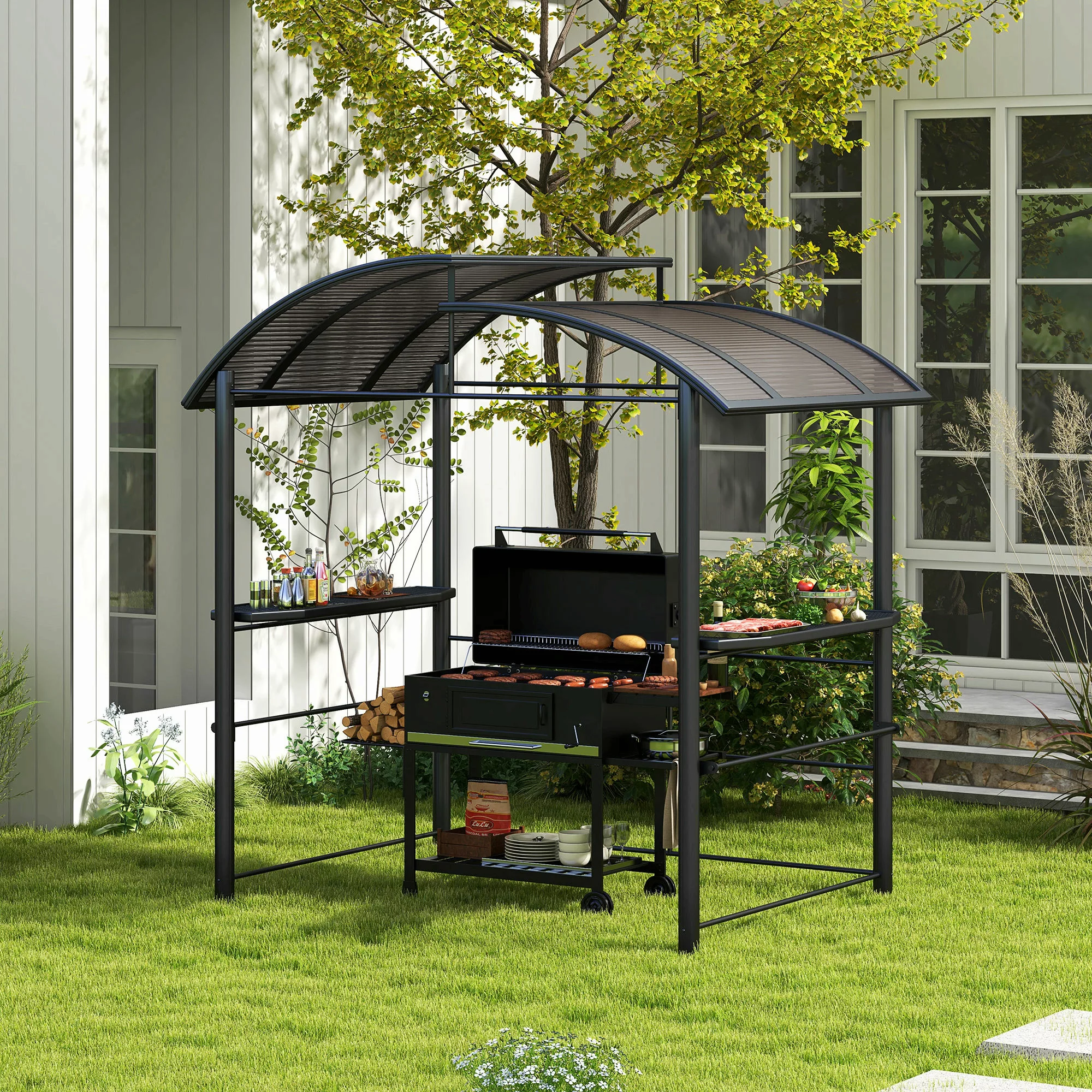 Outsunny Grillpavillon Flammschutzdach BBQ Pavillon 2 Ablagen UV Schutz Per günstig online kaufen