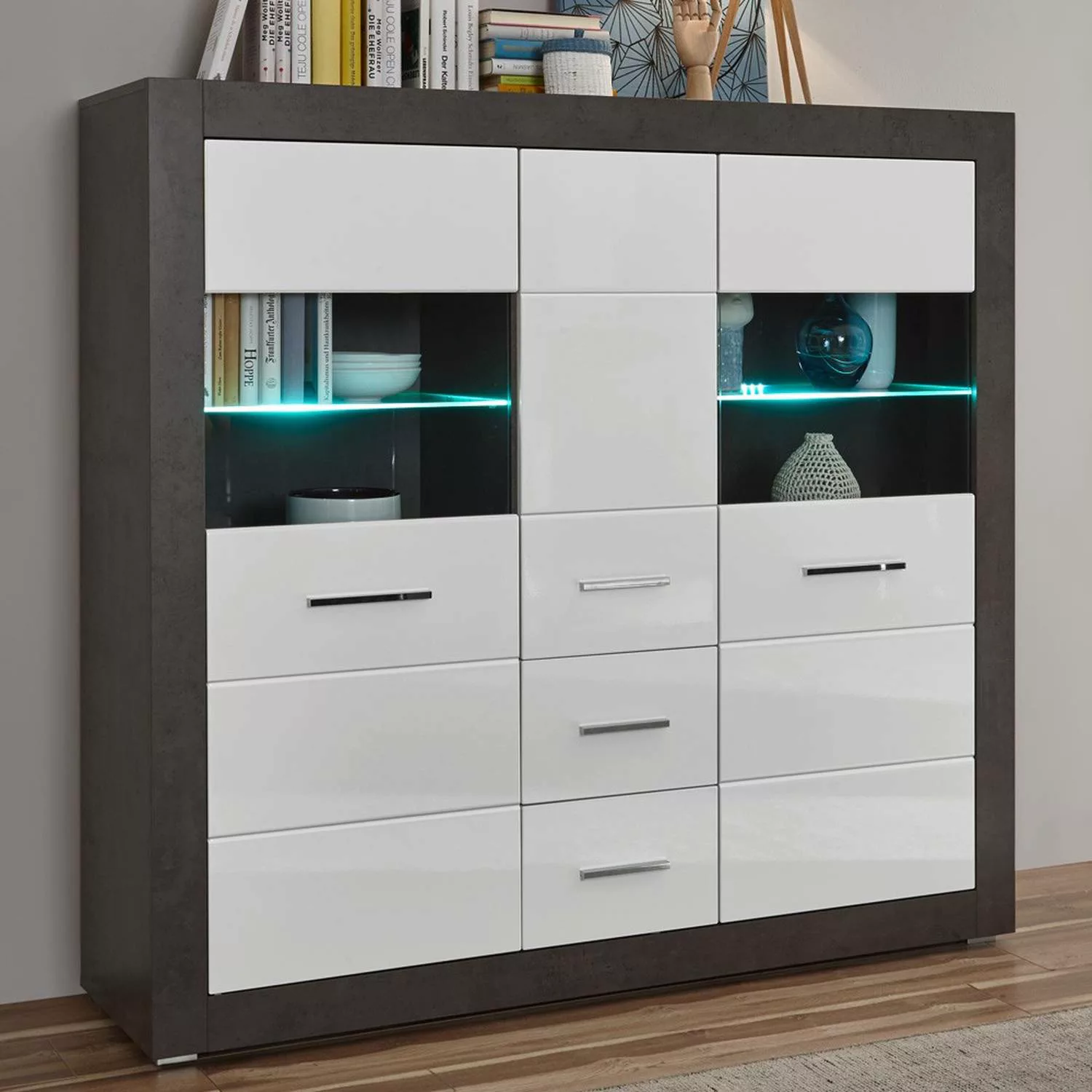 Highboard mit LED-Beleuchtung ETON-61 in Betonoptik dunkel & Hochglanz weiß günstig online kaufen